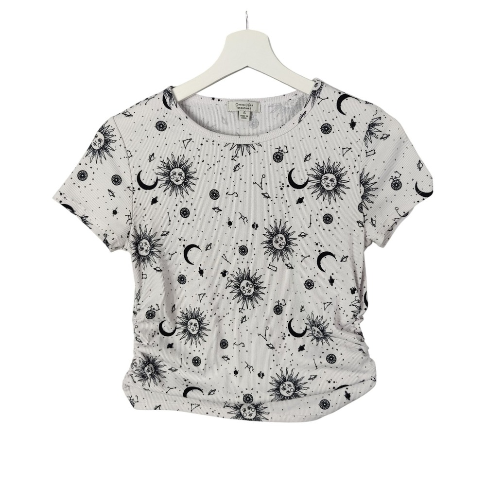 Orange Kiss Y2K Baby Tee Top Rouched Stretchy Celestial Sun Moon Ribbed Womens S